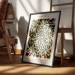 affiche dalecarlia avec motif abstrait floral rouge et vert typographie memories encadre.webp