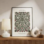 affiche dalecarlia avec motif abstrait floral rouge et vert typographie memories meuble.webp