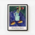affiche dalfred henry maurer tulipes rouges dans un vase turquoise sur une table avec cadre.webp