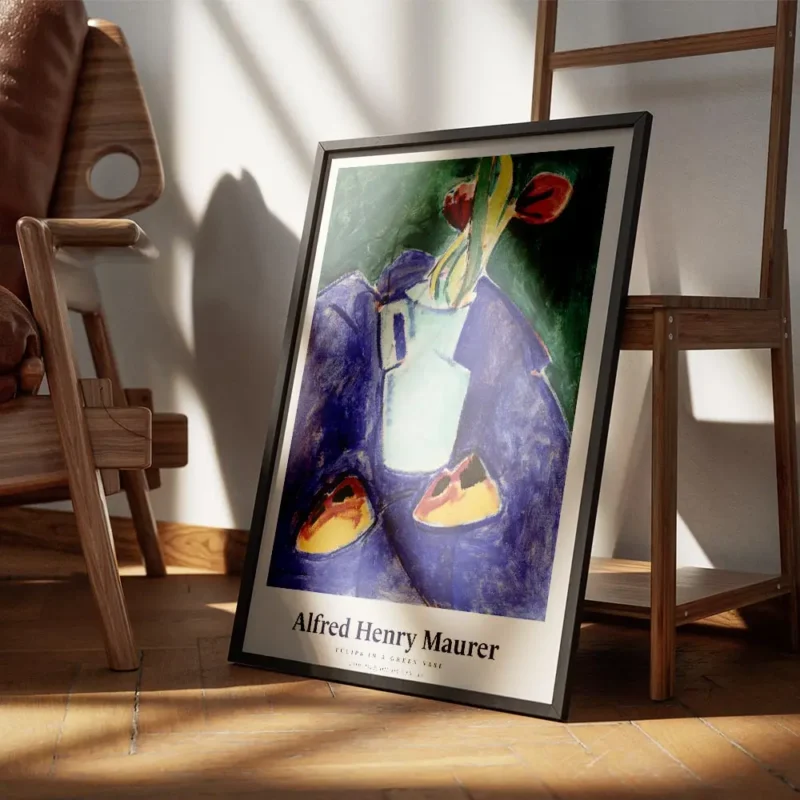 affiche dalfred henry maurer tulipes rouges dans un vase turquoise sur une table encadre.webp