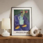affiche dalfred henry maurer tulipes rouges dans un vase turquoise sur une table meuble.webp