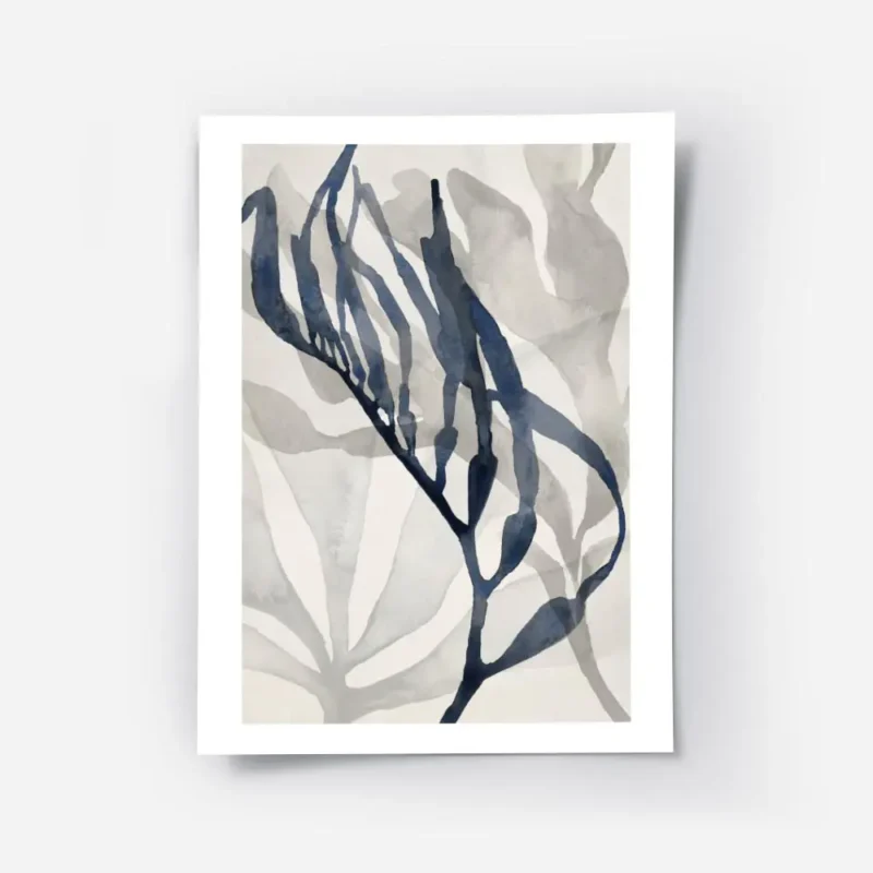 affiche dalgues abstraites a laquarelle avec des formes grises et une algue bleu.webp