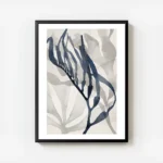 affiche dalgues abstraites a laquarelle avec des formes grises et une algue bleu avec cadre.webp