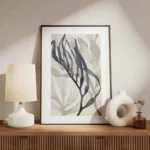 affiche dalgues abstraites a laquarelle avec des formes grises et une algue bleu meuble.webp