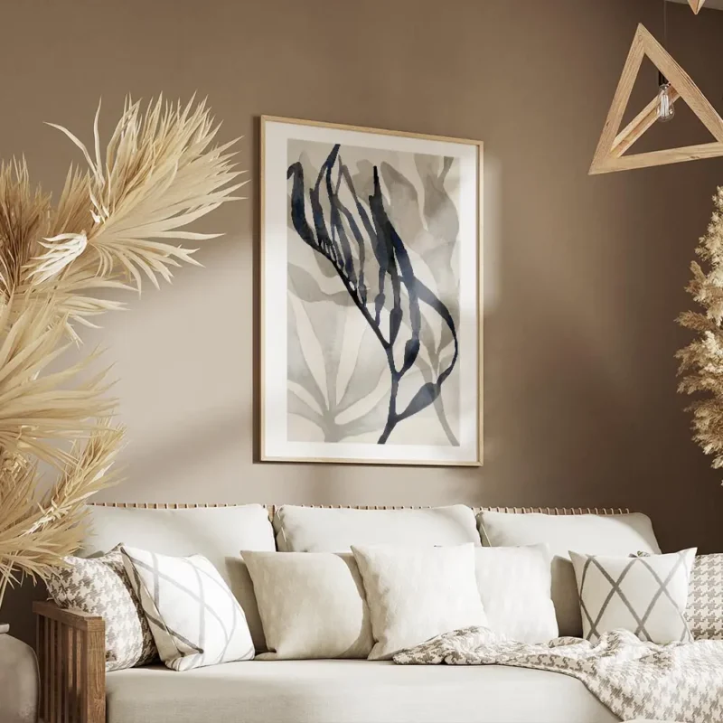 affiche dalgues abstraites a laquarelle avec des formes grises et une algue bleu salon.webp