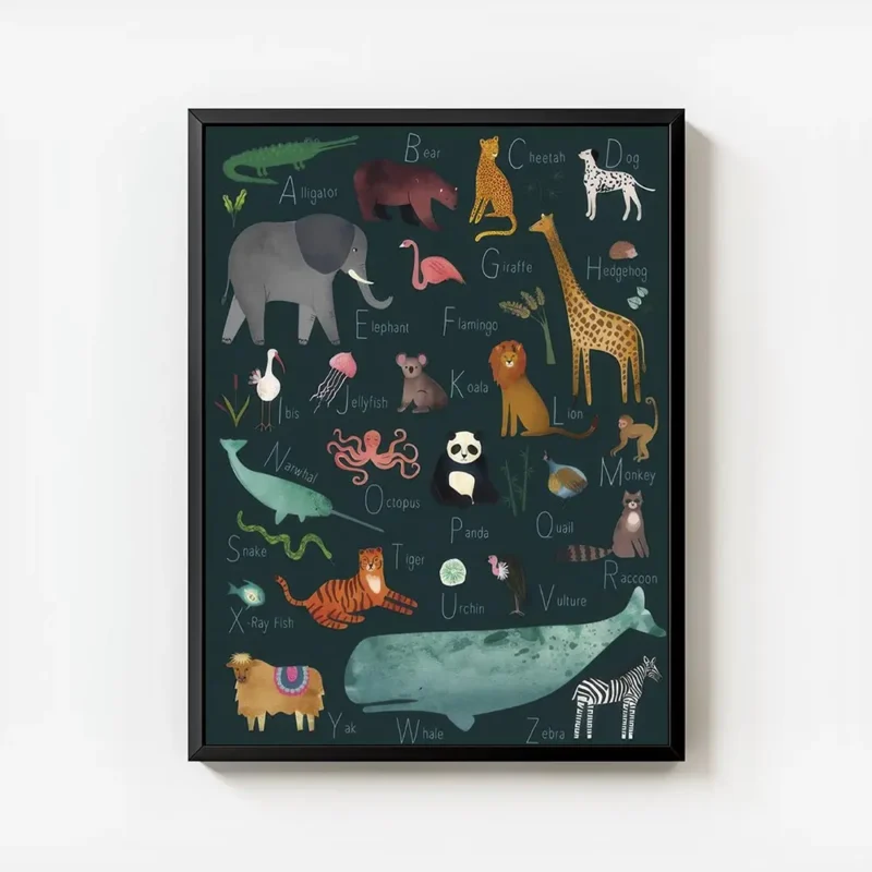 affiche dalphabet animalier avec des illustrations colorees danimaux varies sur avec cadre.webp