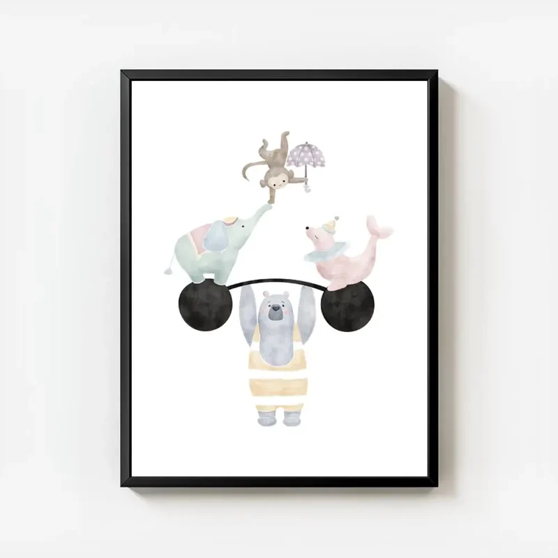 affiche danimaux de cirque aux couleurs pastel ours elephant phoque et singe avec cadre.webp