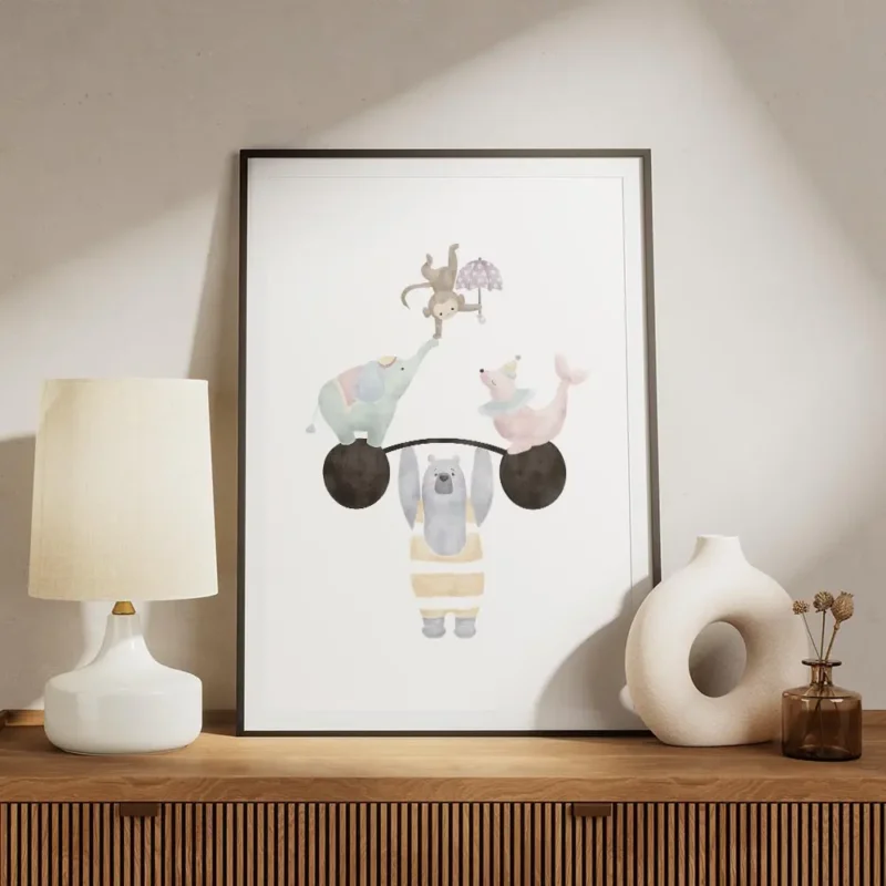 affiche danimaux de cirque aux couleurs pastel ours elephant phoque et singe meuble.webp