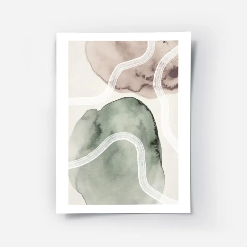 affiche daquarelle abstraite avec des formes vertes et beiges et des coups de pi.webp