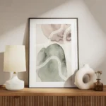 affiche daquarelle abstraite avec des formes vertes et beiges et des coups de pi meuble.webp