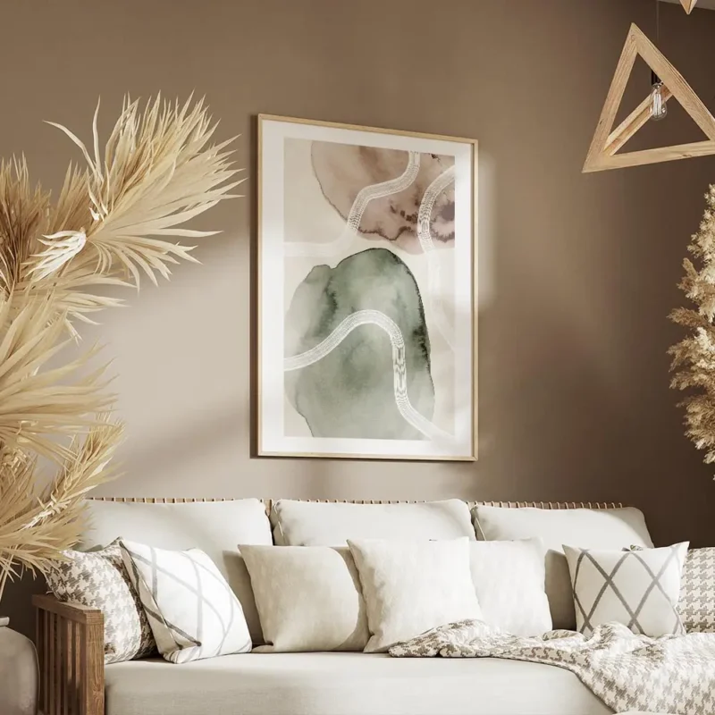 affiche daquarelle abstraite avec des formes vertes et beiges et des coups de pi salon.webp