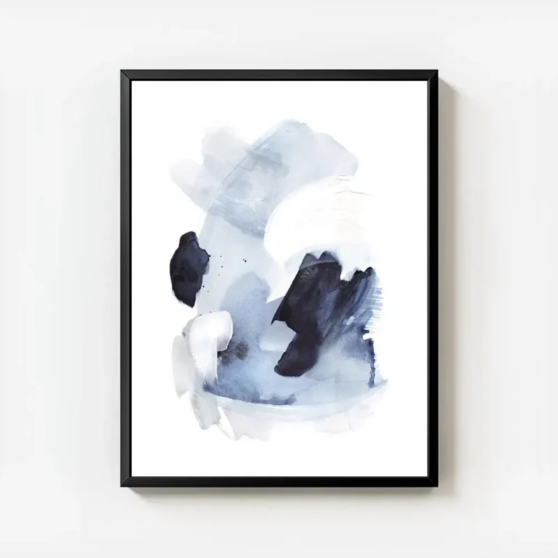 affiche daquarelle abstraite bleue et blanche avec des formes fluides et des tou avec cadre.webp
