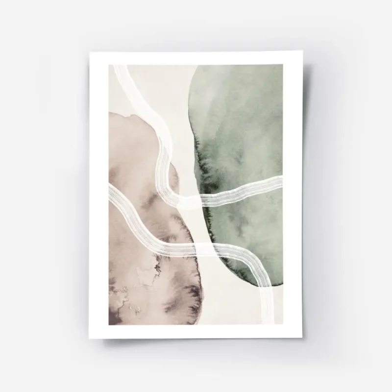 affiche daquarelle avec formes abstraites beiges et vertes coups de pinceau blan.webp