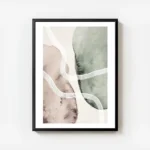 affiche daquarelle avec formes abstraites beiges et vertes coups de pinceau blan avec cadre.webp