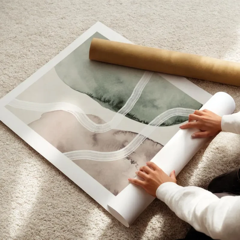 affiche daquarelle avec formes abstraites beiges et vertes coups de pinceau blan enroule.webp
