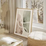 affiche daquarelle avec formes abstraites beiges et vertes coups de pinceau blan salon beige.webp
