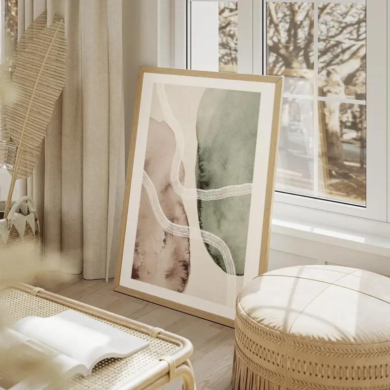 affiche daquarelle avec formes abstraites beiges et vertes coups de pinceau blan salon beige.webp