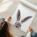 affiche daquarelle avec un lapin brun avec ses oreilles dressees et le haut de s en rouleau.webp