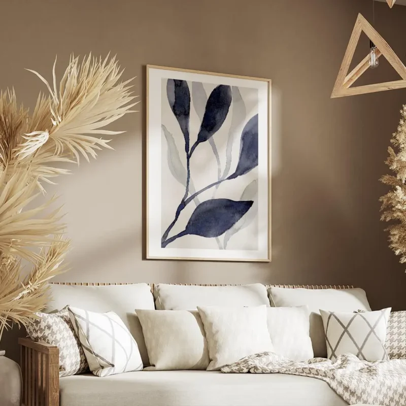 affiche daquarelle de plantes aquatiques bleues sur fond clair avec un effet de salon.webp