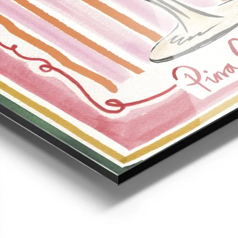 affiche daquarelle pina colada et typographie fond raye rose et orange bordure v aluminium.webp