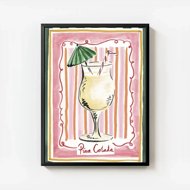 affiche daquarelle pina colada et typographie fond raye rose et orange bordure v avec cadre.webp
