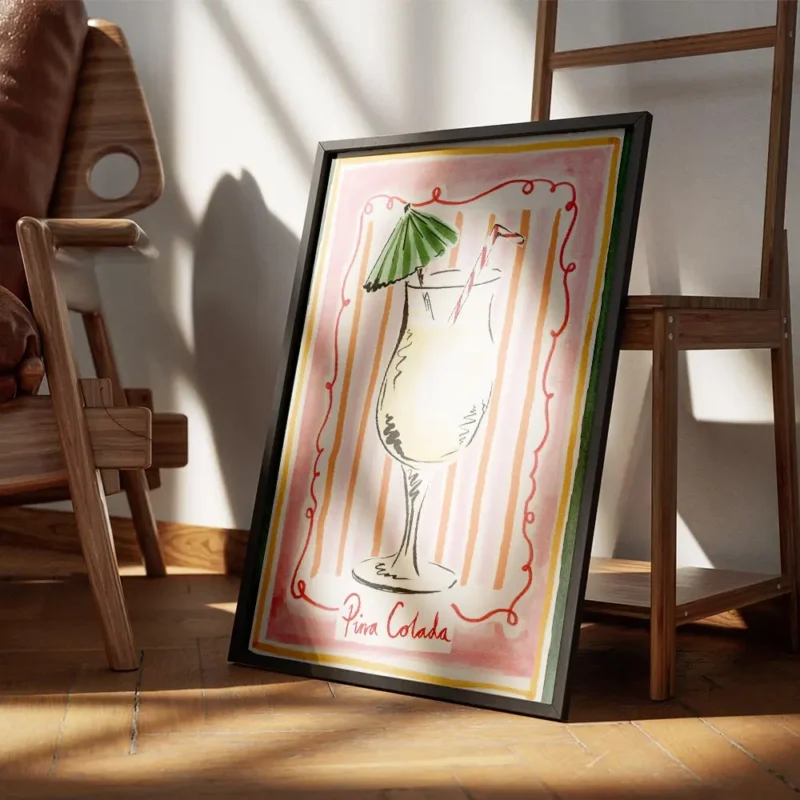 affiche daquarelle pina colada et typographie fond raye rose et orange bordure v encadre.webp