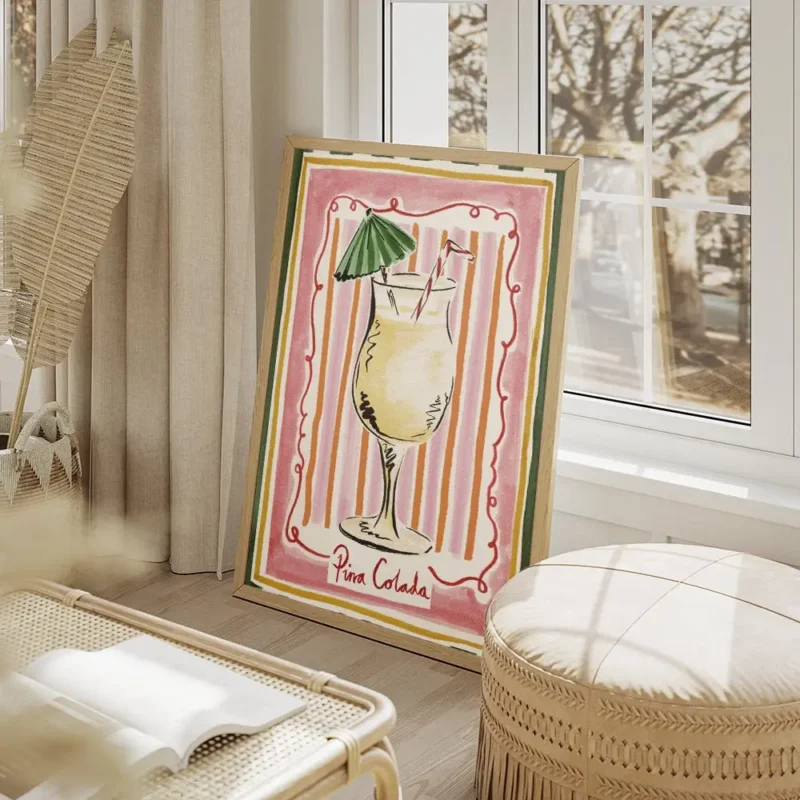 affiche daquarelle pina colada et typographie fond raye rose et orange bordure v salon beige.webp
