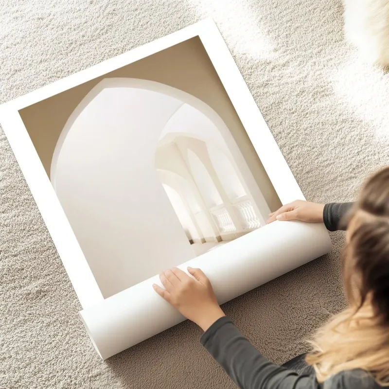 affiche darches beiges avec lumiere du soleil ambiance mediterraneenne et typogr au sol.webp
