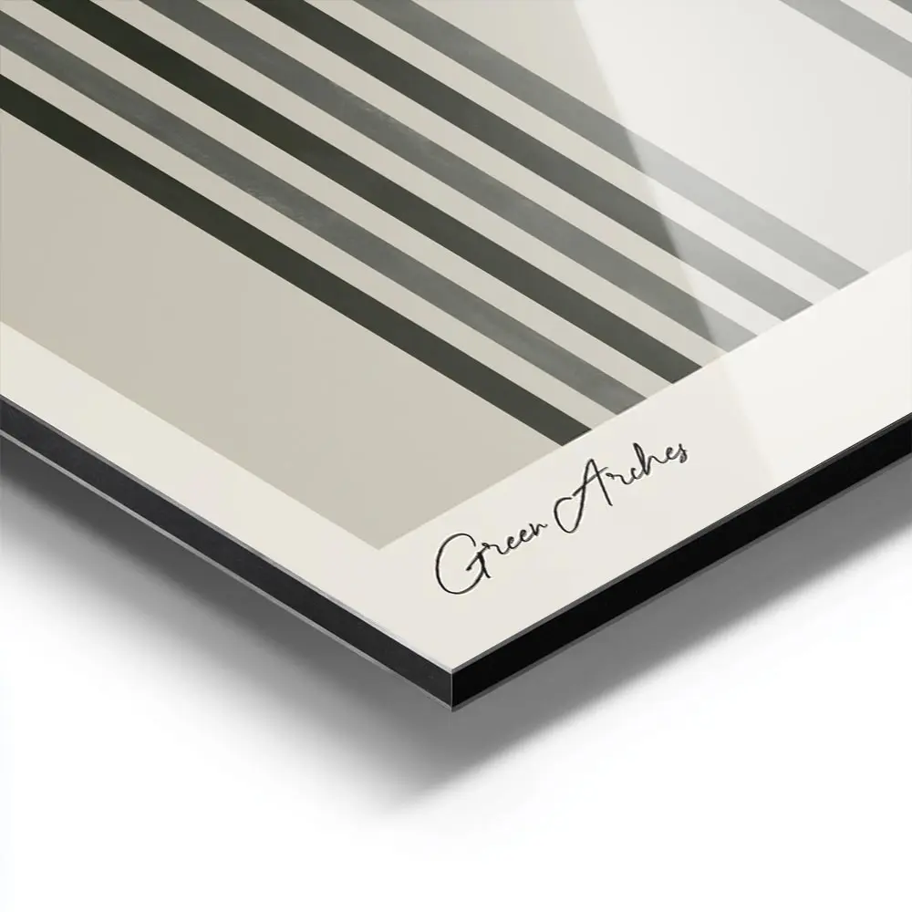 affiche darches minimalistes vertes sur fond beige avec un cercle gris typograph aluminium.webp