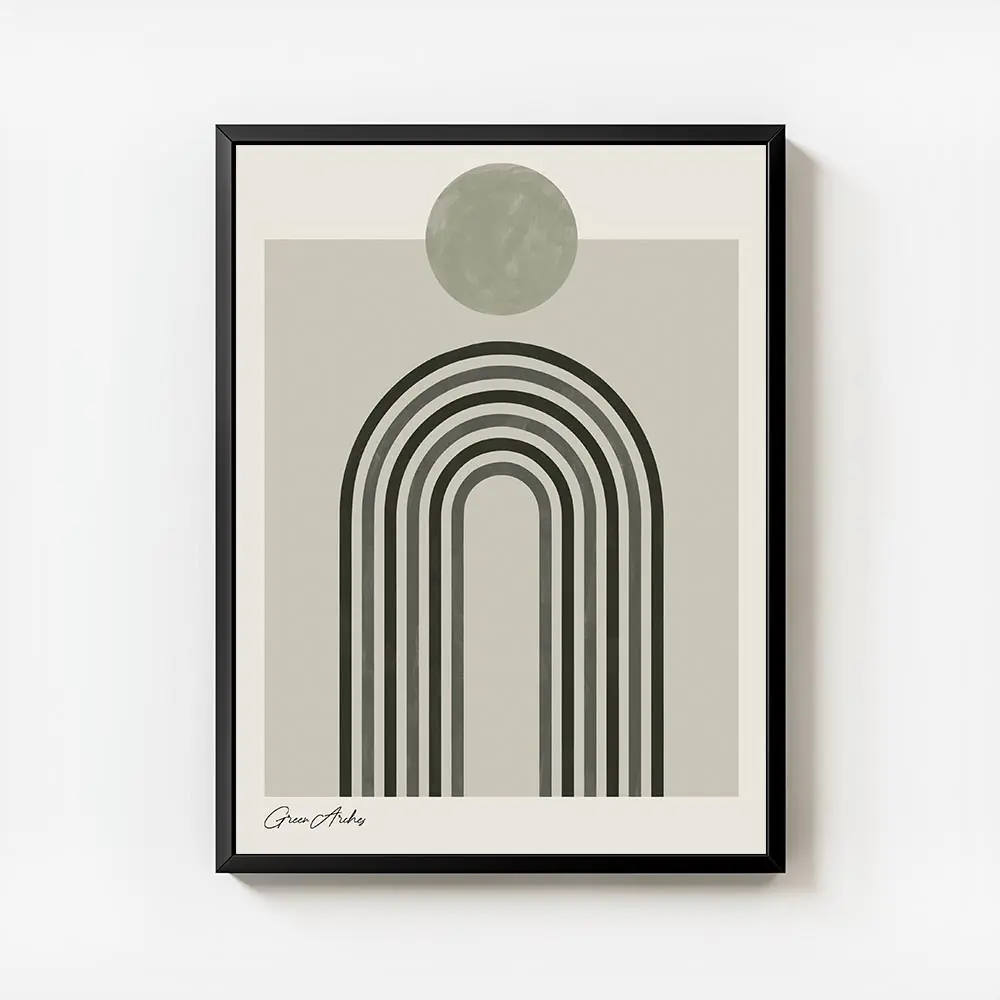 affiche darches minimalistes vertes sur fond beige avec un cercle gris typograph avec cadre.webp