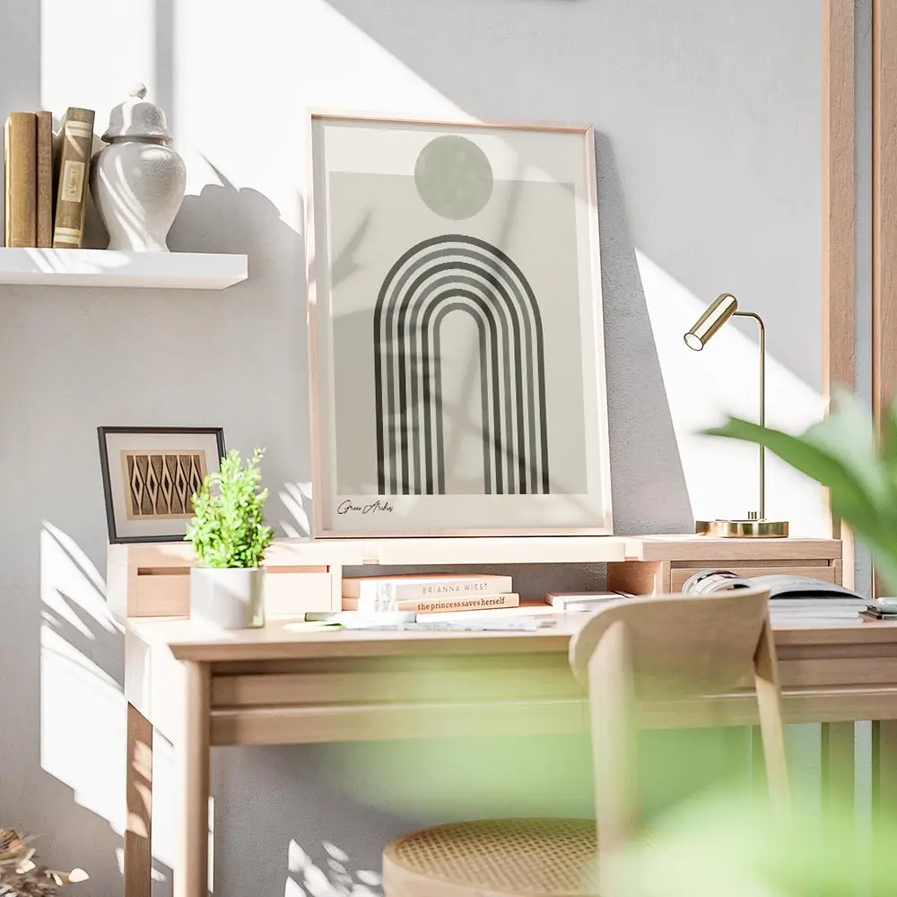 affiche darches minimalistes vertes sur fond beige avec un cercle gris typograph bureau.webp