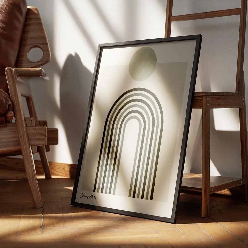 affiche darches minimalistes vertes sur fond beige avec un cercle gris typograph encadre.webp