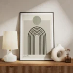 affiche darches minimalistes vertes sur fond beige avec un cercle gris typograph meuble.webp