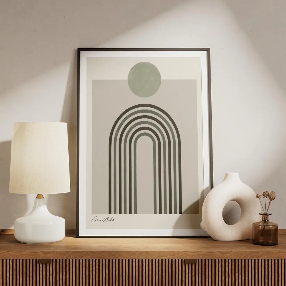 affiche darches minimalistes vertes sur fond beige avec un cercle gris typograph meuble.webp