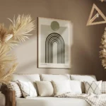 affiche darches minimalistes vertes sur fond beige avec un cercle gris typograph salon.webp