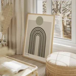 affiche darches minimalistes vertes sur fond beige avec un cercle gris typograph salon beige.webp