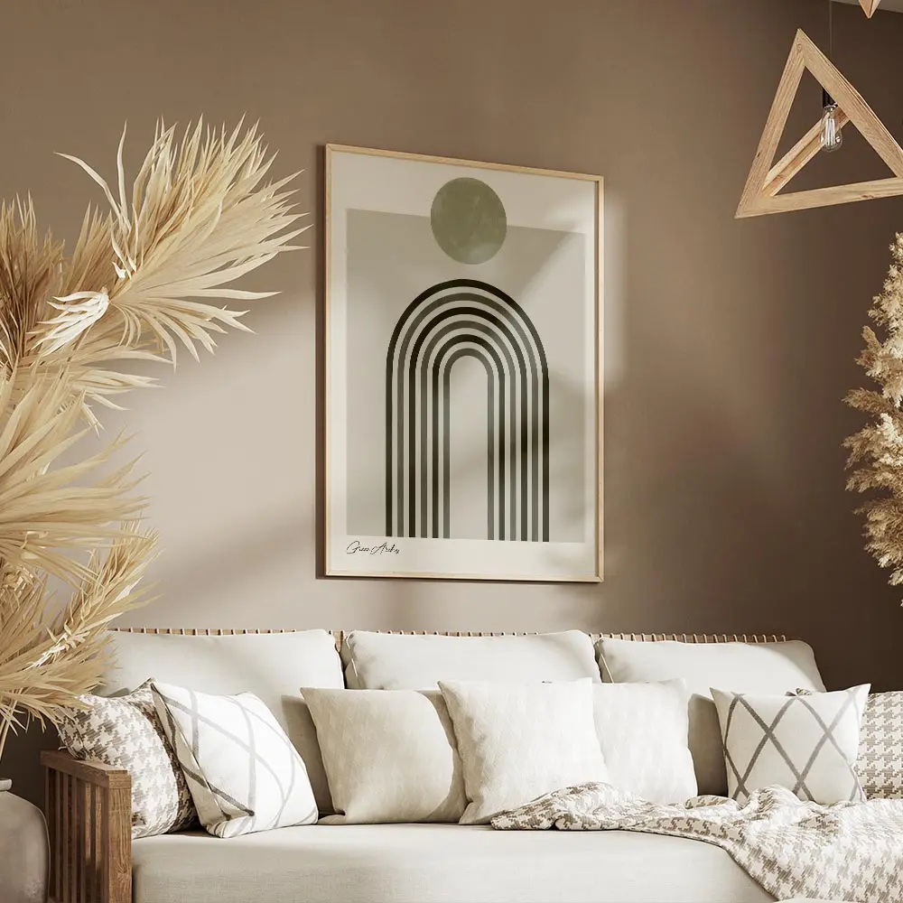affiche darches minimalistes vertes sur fond beige avec un cercle gris typograph salon.webp