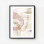 affiche dart abstrait aquarelle aerienne aux formes douces roses beiges et bleue avec cadre.webp