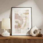 affiche dart abstrait aquarelle aerienne aux formes douces roses beiges et bleue meuble.webp