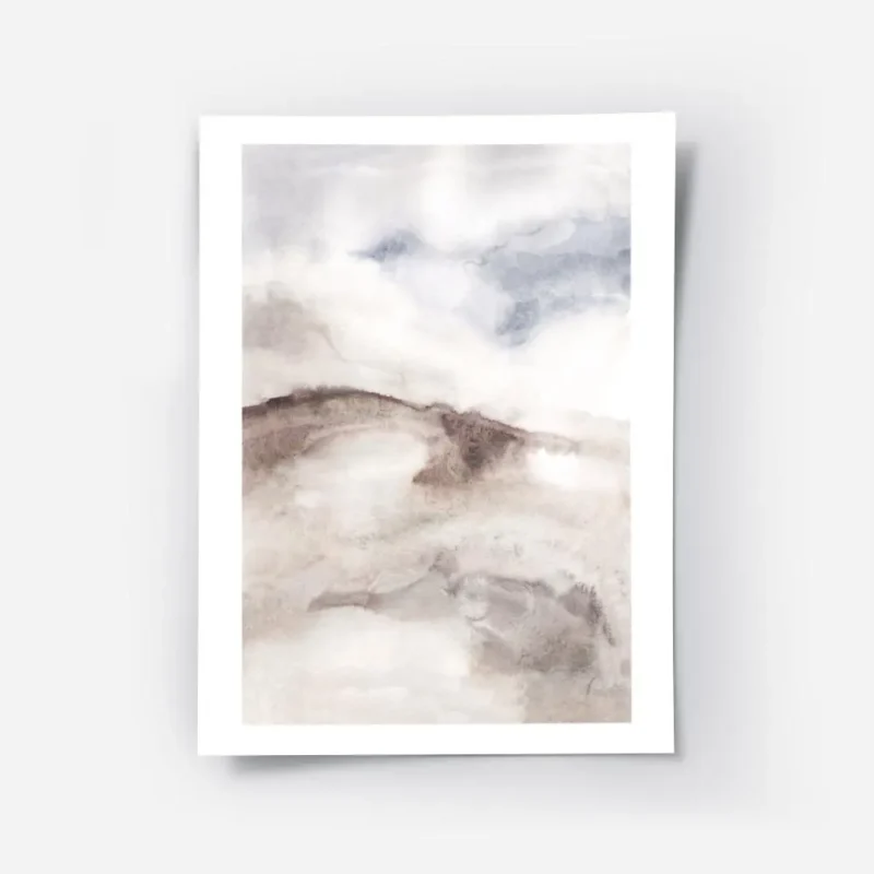 affiche dart abstrait aquarelle de plage aux tons beige marron et bleu clair.webp