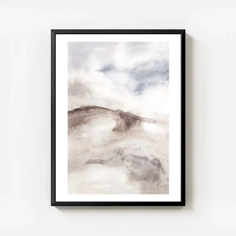 affiche dart abstrait aquarelle de plage aux tons beige marron et bleu clair avec cadre.webp