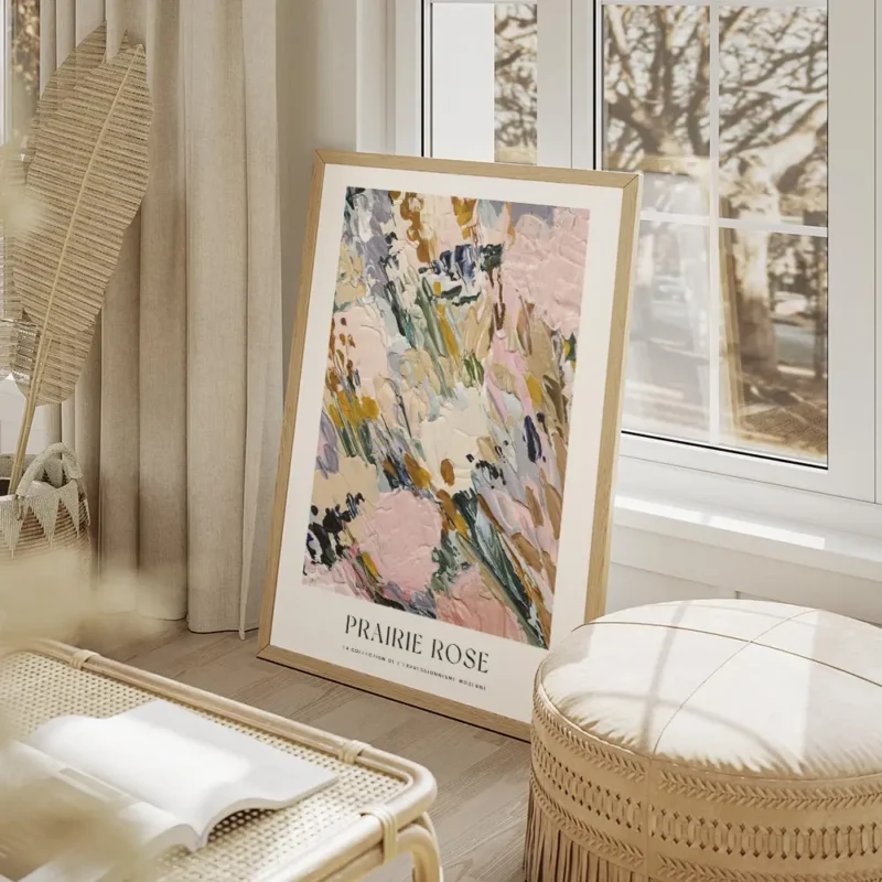 affiche dart abstrait aux couleurs pastel texture peinte epaisse tons de rose ve salon beige.webp