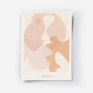 affiche dart abstrait aux formes fluides couleur peche et beige avec typographie.webp