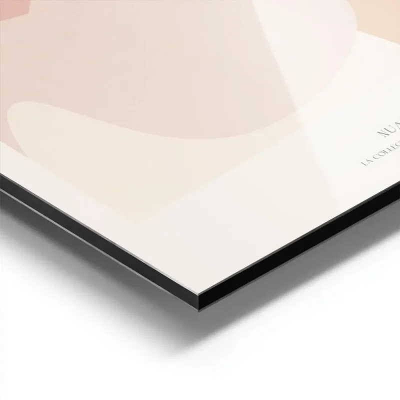 affiche dart abstrait aux formes fluides couleur peche et beige avec typographie aluminium.webp