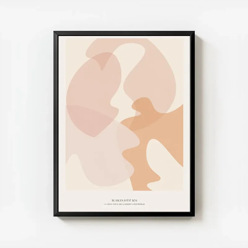 affiche dart abstrait aux formes fluides couleur peche et beige avec typographie avec cadre.webp