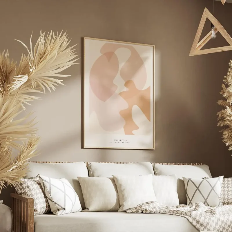 affiche dart abstrait aux formes fluides couleur peche et beige avec typographie salon.webp