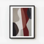 affiche dart abstrait aux formes graphiques audacieuses en rouge bleu blanc brun avec cadre.webp