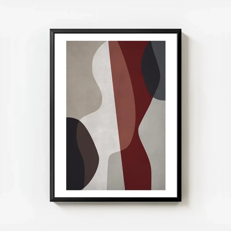 affiche dart abstrait aux formes graphiques audacieuses en rouge bleu blanc brun avec cadre.webp