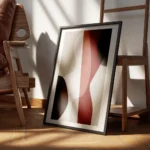 affiche dart abstrait aux formes graphiques audacieuses en rouge bleu blanc brun encadre.webp