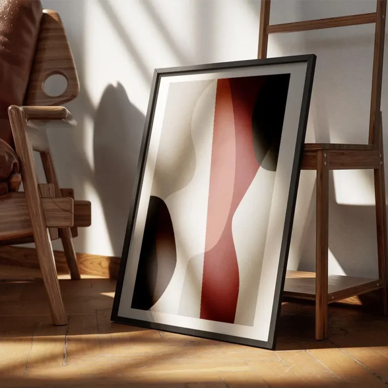 affiche dart abstrait aux formes graphiques audacieuses en rouge bleu blanc brun encadre.webp